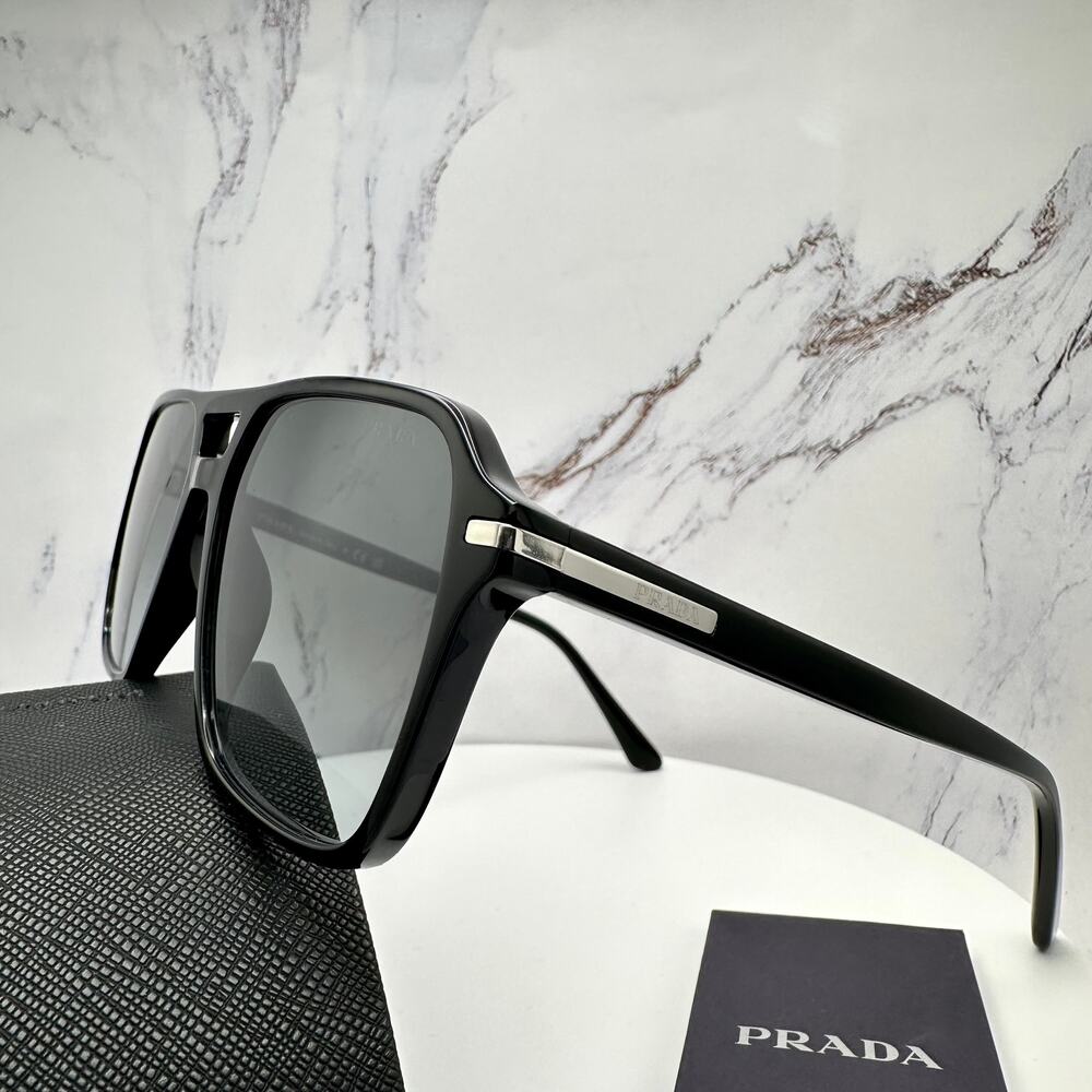 NEW PRADA Sunglasses Black Aviator Pilot 55-17mm Grey Lens Silver Logo - Picture 3 of 16